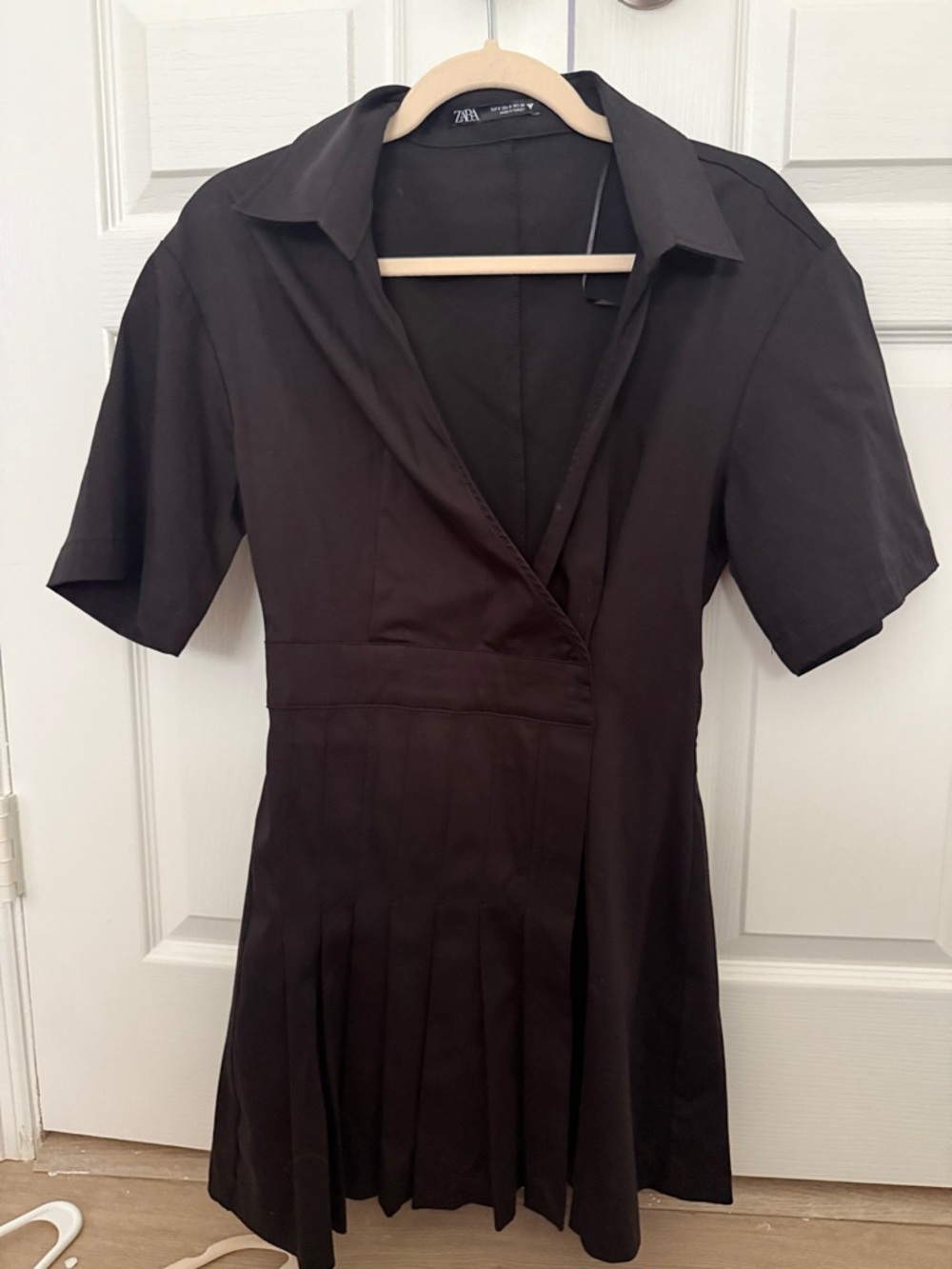 Zara Black Short Sleeve Pleated Wrap Mini Dress